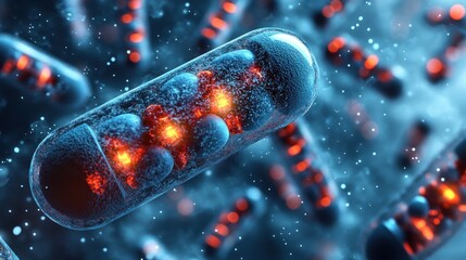 Macro view of glowing, capsule-shaped structures against a blurred, blue backdrop