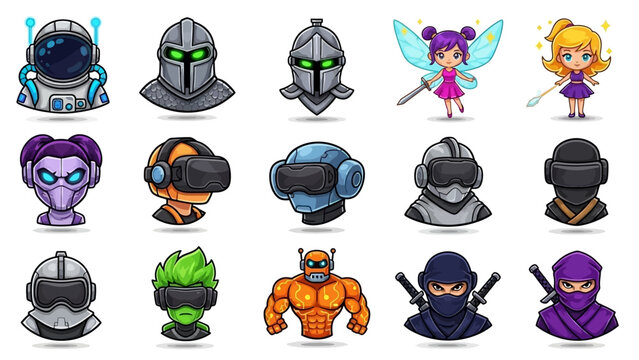 Collection of diverse cartoon character avatars for games and apps.
