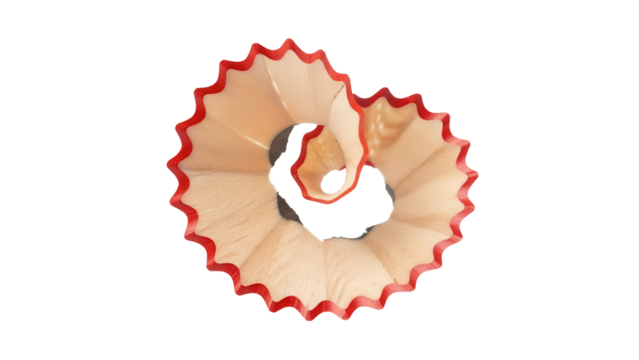 Pencil shaving isolated PNG on transparent background, red edged wood curl for art and school projects, design element - Powered by Adobe