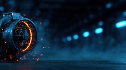 An intricate industrial object with glowing orange accents rests against a blurred, smoky background, generating a captivating atmosphere combining technology and artistry effortlessly.