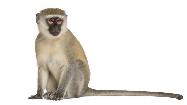 Green monkey sitting isolated PNG on transparent background, vervet monkey primate with grey fur and black face, animal wildlife