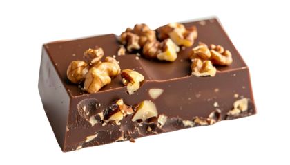 Dark chocolate bar with walnut pieces, isolated, close-up, against a black background
