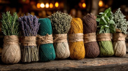 Bundles of aromatic herbs and dried spices tied with twine, arranged on a wooden surface