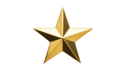 Golden star isolated PNG on transparent background, shiny metallic five-pointed star for awards and holiday decoration