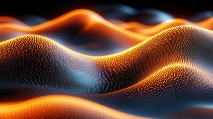 Abstract digital rendering with flowing, wave-like forms in warm orange and cool blue hues