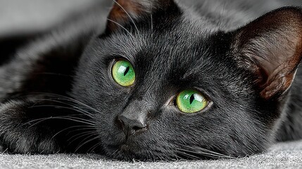 Close up of a black cat with striking green eyes resting on a soft gray surface.
