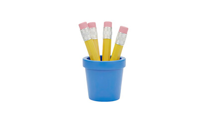 Four yellow pencils with pink erasers in a blue cup