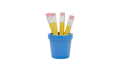 Four yellow pencils with pink erasers in a blue cup