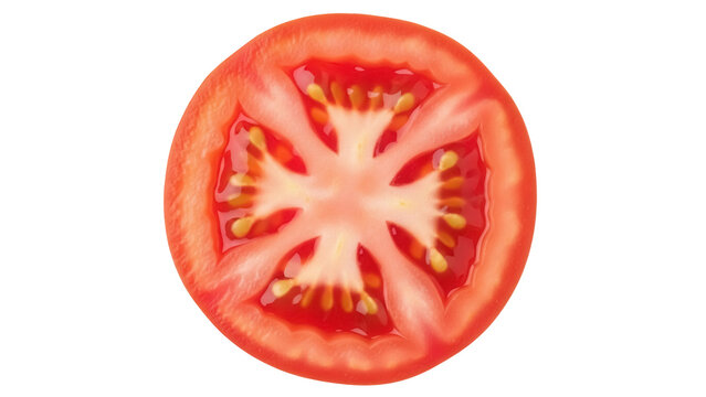Fresh tomato slice isolated PNG, juicy red vegetable cut for salad ingredient and healthy eating on transparent background