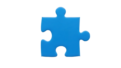Blue puzzle piece PNG isolated on transparent background, jigsaw element for games and problem solving