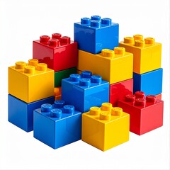 Fototapeta premium Pile of colorful square plastic toy building blocks. Great for childrens education, creativity, playtime, design, construction concept backgrounds.