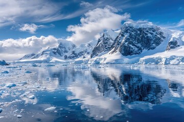 Obraz premium Snow covered mountains reflect in calm waters beneath a cloudy blue sky