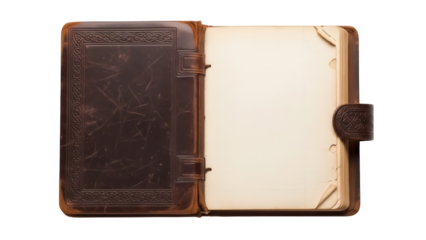Antique leather bound journal isolated on transparent background, vintage diary with blank pages for writing and drawing PNG