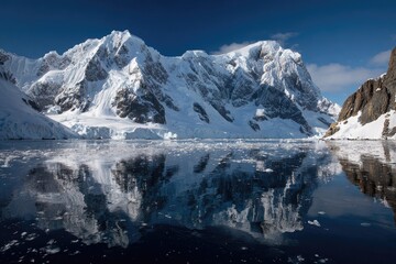 Obraz premium Snow covered mountains reflected in calm water under a clear blue sky
