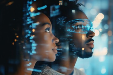 Futuristic couple exploring augmented reality in a digital environment