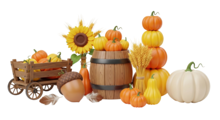 3d autumn harvest display with pumpkins sunflower and barrel transparent background cutout png