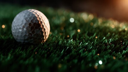 A close-up of a golf ball resting on lush, green grass is beautifully highlighted by soft lighting, emphasizing the sport's elegance and the anticipation of play.