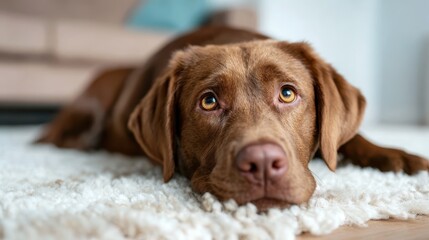 A lovable brown Labrador retriever lies contentedly on a plush carpet, embodying loyalty and calmness while enjoying a moment of relaxation in a cozy home environment.