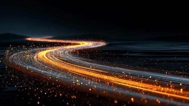 A winding, luminous path of golden light weaves across a dark, blurred landscape, sparking with tiny highlights