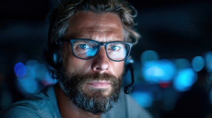 A focused man with glasses and a beard is seen wearing a headset while surrounded by a high-tech environment filled with screens and blue-toned lighting, depicting modern work life.