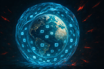 digital global world background with shield and lock for security
