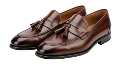 Brown leather tassel loafers isolated on transparent background