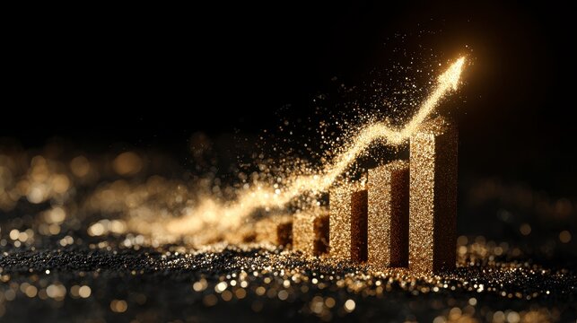A golden, glittering bar graph shows upward trend, with an arrow made of sparkling particles pointing up against a black backdrop - Powered by Adobe