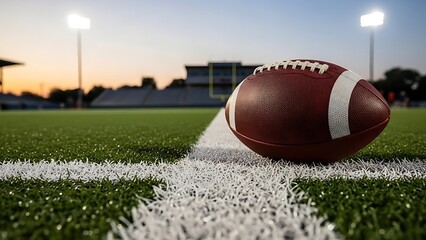 Close-Up American Football Resting on Green Turf Field image photo