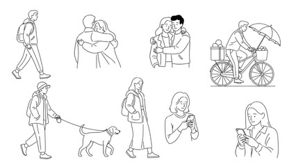 People Walking and Interacting in Various Scenes, Line Art Style