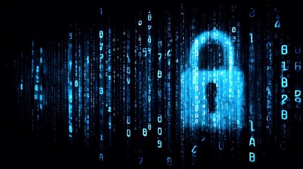 Cyber security data protection digital lock blue code abstract background binary code network safety internet privacy secure technology online defense encryption firewall cyber attack network - Powered by Adobe