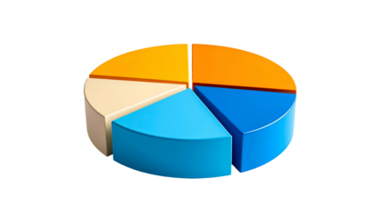 A 3D pie chart, rendered with a gradient, each section distinct, isolated on black