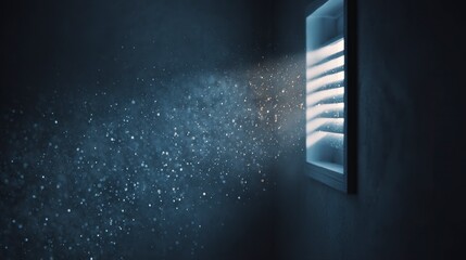 Close-up view of a bright open window with shutters, light beams, and floating particles in a dimly lit room, creating a hazy atmosphere