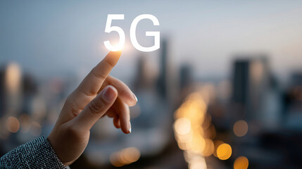 Business hand touching virtual 5G network symbol faceless, glowing cityscape background, technology innovation concept, defocused city, with copy space