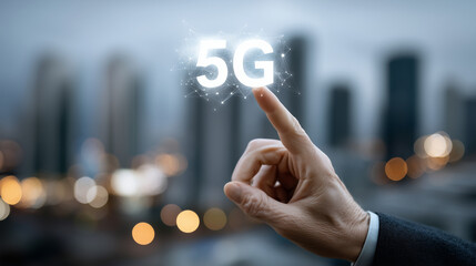 Business hand touching virtual 5G network symbol faceless, glowing cityscape background, technology innovation concept, defocused city, with copy space