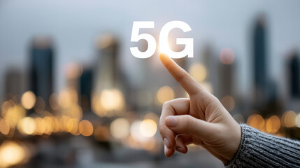 Business hand touching virtual 5G network symbol faceless, glowing cityscape background, technology innovation concept, defocused city, with copy space