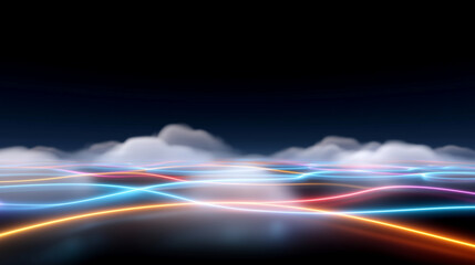 Futuristic digital cloudscape glowing with neon network lines, vibrant colors, abstract technology, data storage, virtual connectivity innovation defocused, with copy space