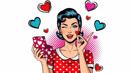 Woman enjoying her phone surrounded by hearts in a playful retro illustration