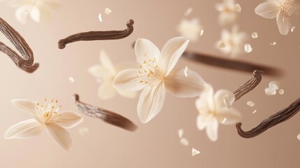 Floating vanilla beans and flowers.