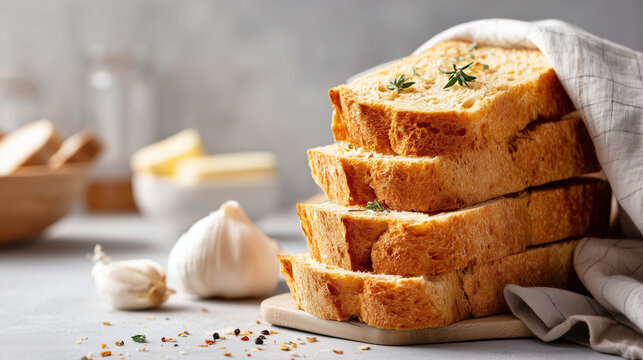 Close-up of sliced stale bread prepared for croutons, upcycling food ingredients, minimal eco kitchen style, soft daylight, neutral background, copy space