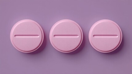 Three identical pink pills with a line in the middle are arranged horizontally on a solid purple background.