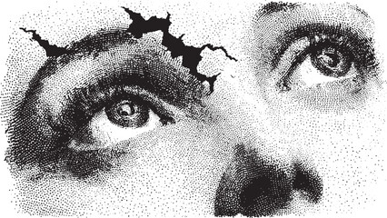 Eye illustration in black and white style. Detailed texture and abstract lines create a vector representation of facial expression.