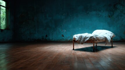 A solitary, unmade bed sits in an empty, distressed room adorned with peeling blue walls, evoking feelings of loneliness, introspection, and the passage of time.