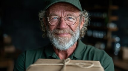 An older man with glasses and a cap holds a package, radiating warmth and friendliness, perfect for illustrating themes of service, care, and connection in everyday life.
