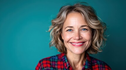A cheerful woman with curly hair presents a warm smile against a soft teal background, offering a sense of joy and friendliness to the viewer.