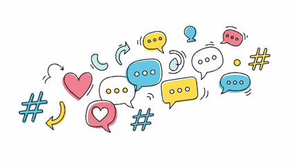 Social media icons and symbols floating around a blank space from a top-down viewpoint