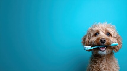 A playful dog happily holds a toothbrush in its mouth, set against a vivid blue backdrop, capturing a whimsical and light-hearted moment in pet photography.