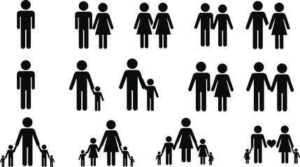 Diverse family silhouette collection and domestic home scene with parents working, cleaning, and child playing together in living room interior.