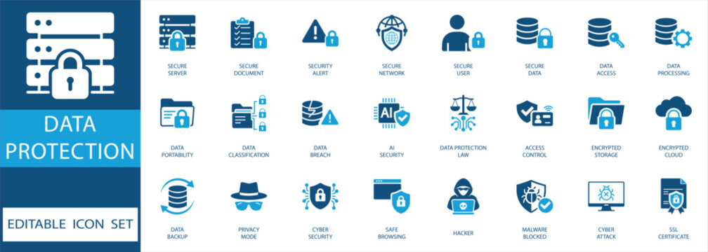 Data protection icon set. featuring cyber security, encrypted storage, privacy, and network safety elements in blue flat style for cloud computing and information technology.