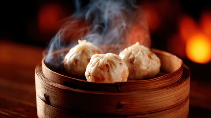 A beautiful presentation of steaming dumplings nestled in a bamboo steamer, capturing the warmth and authenticity of Asian cuisine in a cozy setting.