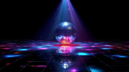 A dazzling mirrored sphere reflects vibrant lights, set against a dark backdrop, creating a disco-like atmosphere on a tiled surface